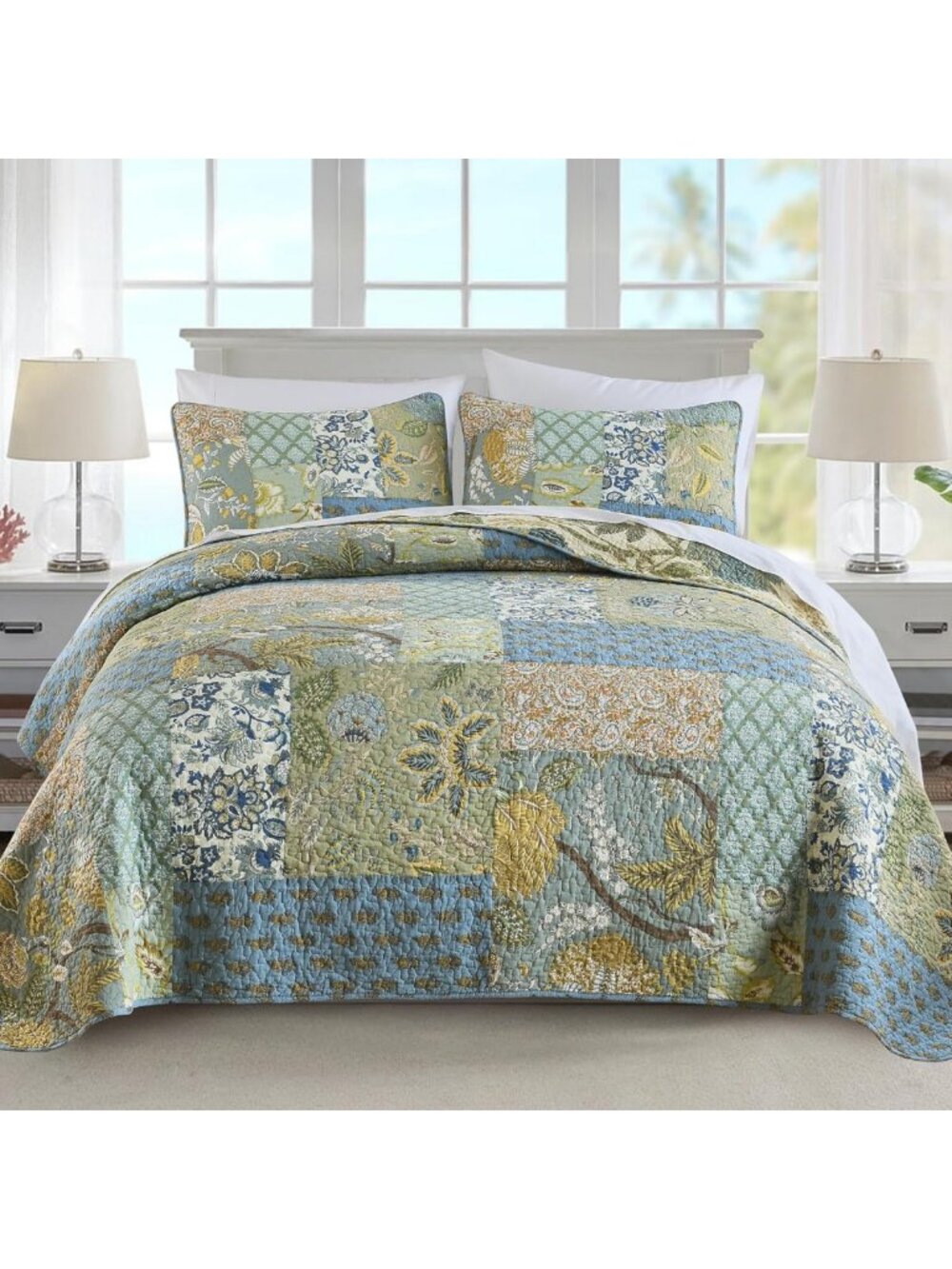 King Size Reversible Quilt Set - 100% Cotton Patchwork Green Bohemian Bedding